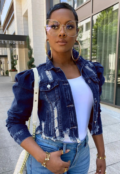 Short distressed denim jacket for women with bubble sleeves denim jacket