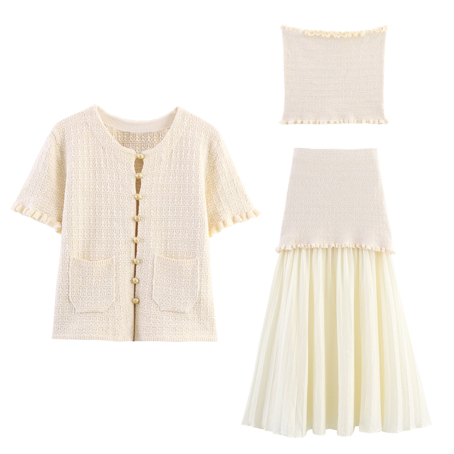 Women's Layered Decorative Knit Jacket + Camisole + Spliced Knit Set