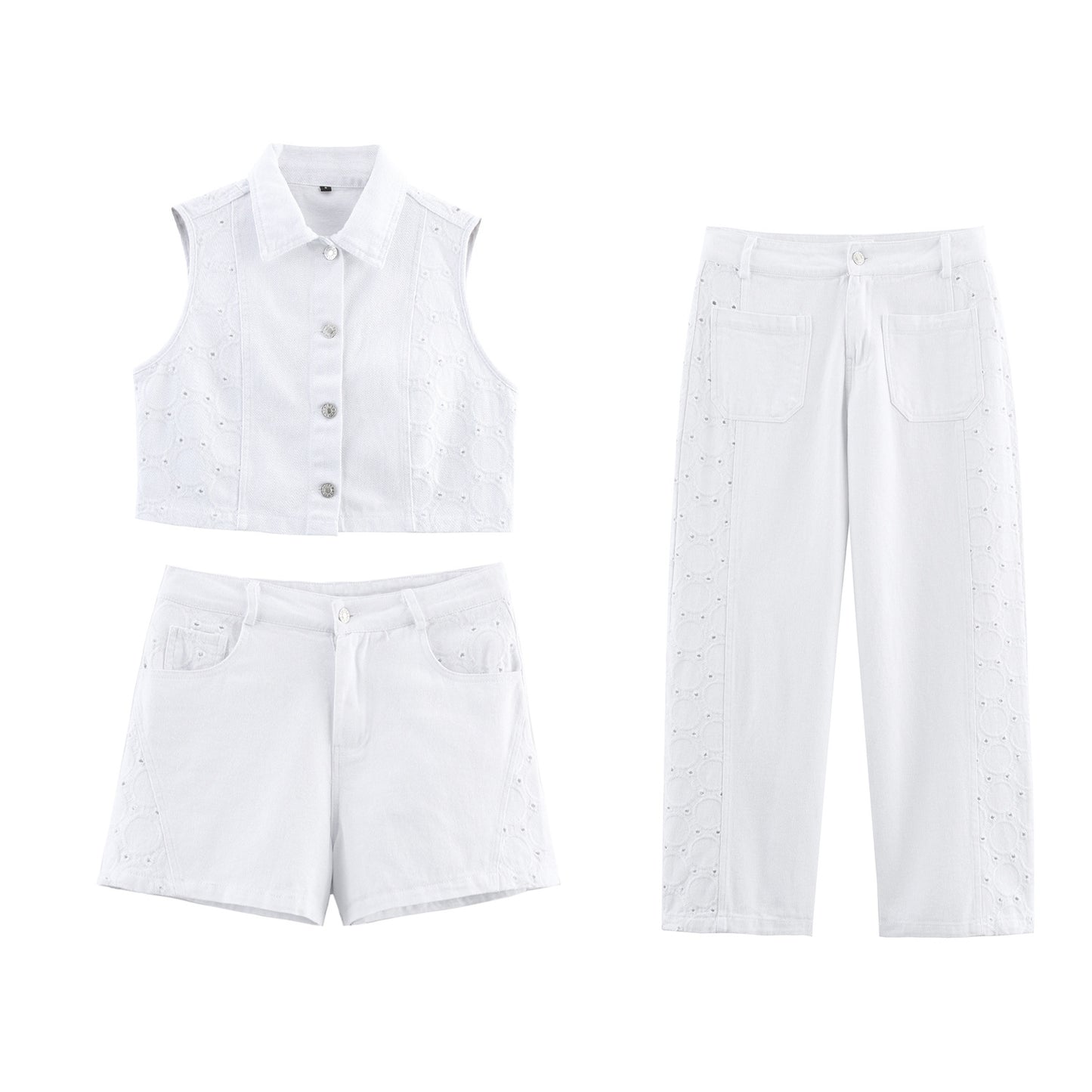 Women's Hollow-out Embroidered Vest Top + Shorts + Long Pants Set