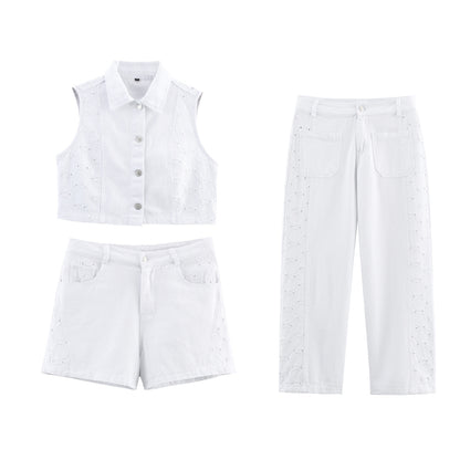 Women's Hollow-out Embroidered Vest Top + Shorts + Long Pants Set