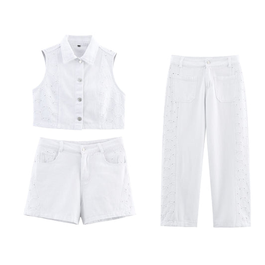 Women's Hollow-out Embroidered Vest Top + Shorts + Long Pants Set