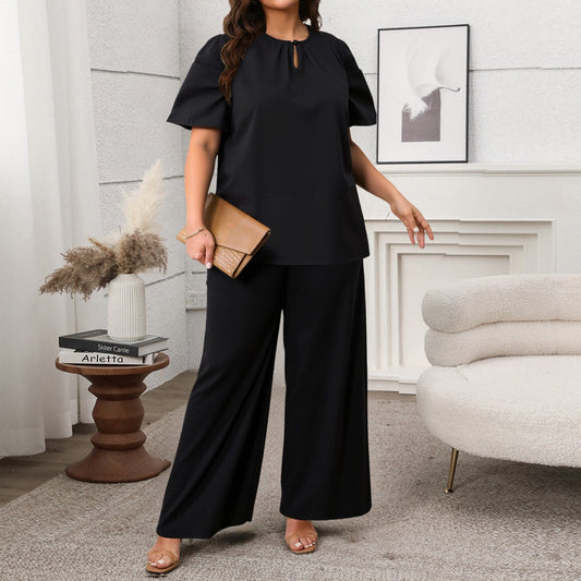 Casual Round Neck Short Sleeve Loose Wide Leg Pants Set