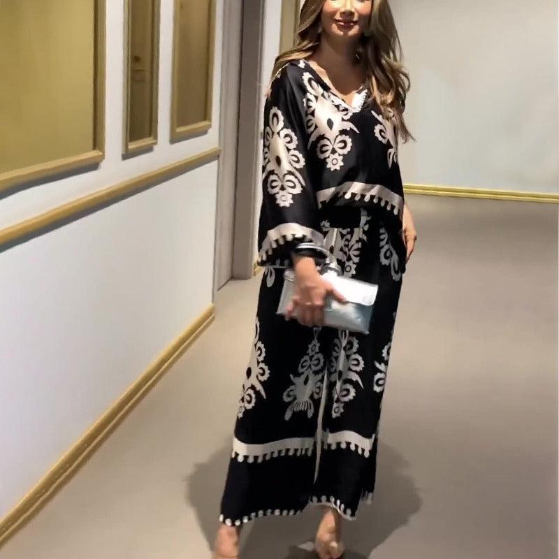 Women's Two-Piece Set Long Sleeve Top with Irregular Print and Pants