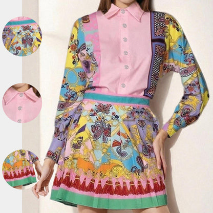 Women's Set Printed Long Sleeve Shirt with Pleated Skirt Set