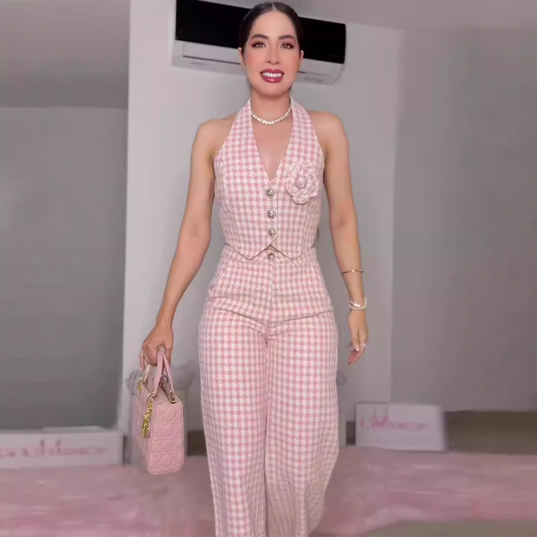 Top two-piece wide leg pants retro checkered pink set