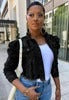 Short distressed denim jacket for women with bubble sleeves denim jacket
