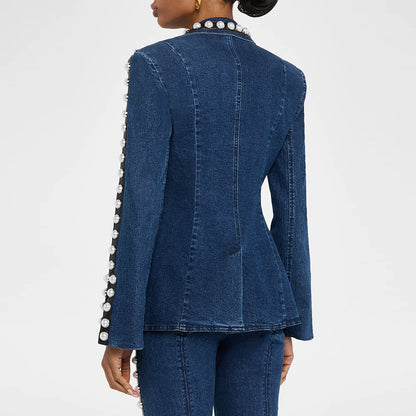 Fashionable Embroidered Washed Denim Jacket and Pants Two-Piece Set