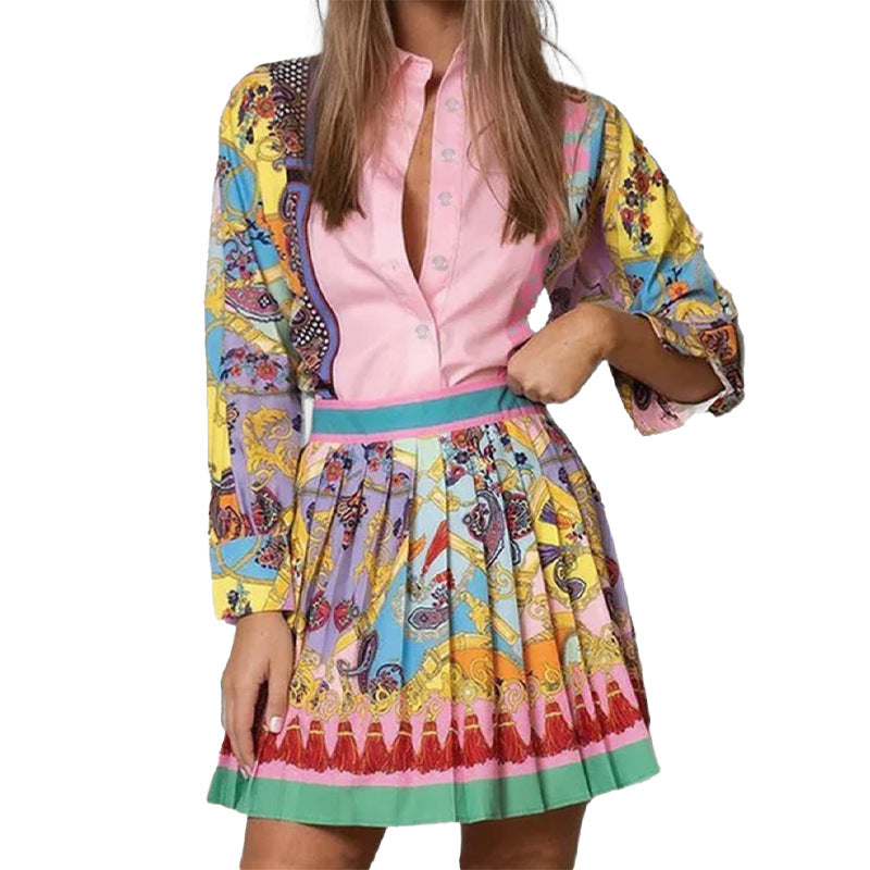 Women's Set Printed Long Sleeve Shirt with Pleated Skirt Set