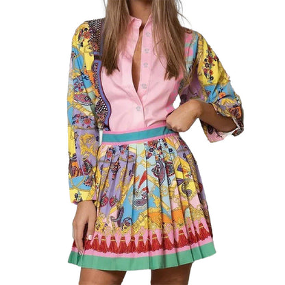 Women's Set Printed Long Sleeve Shirt with Pleated Skirt Set