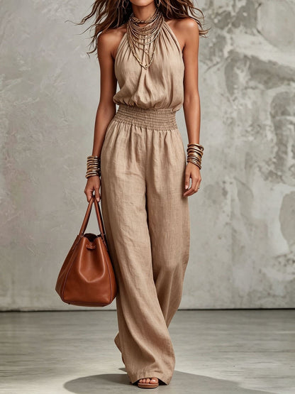 Sleeveless Backless Waist-Tie Halter Wide-Leg Jumpsuit for Women