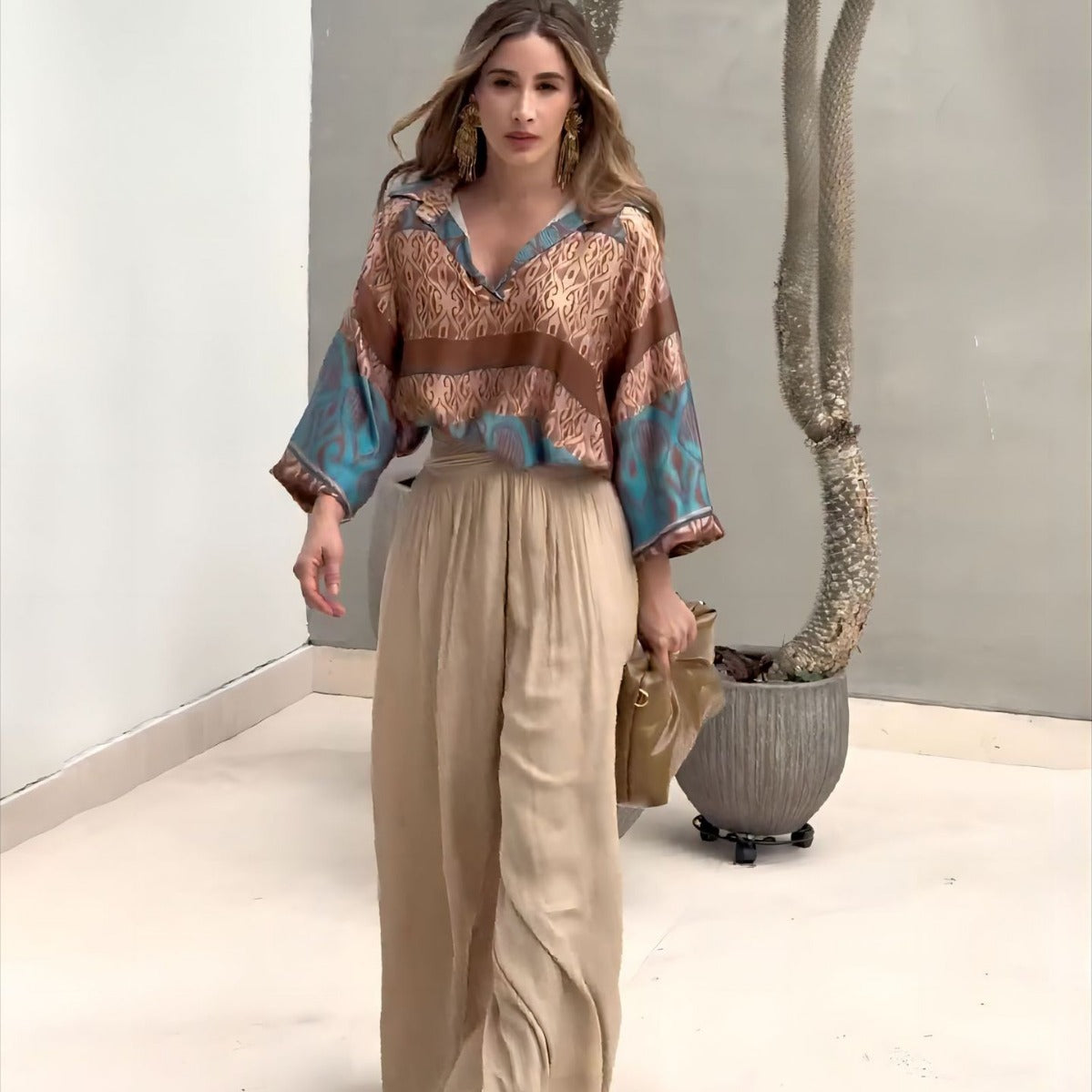 Printed top wide leg pants two-piece set