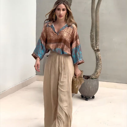Printed top wide leg pants two-piece set