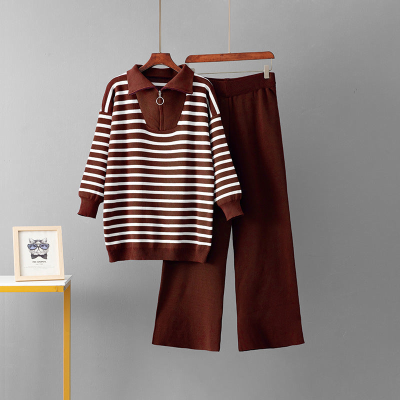 Striped sweater set, women's loose two-piece set
