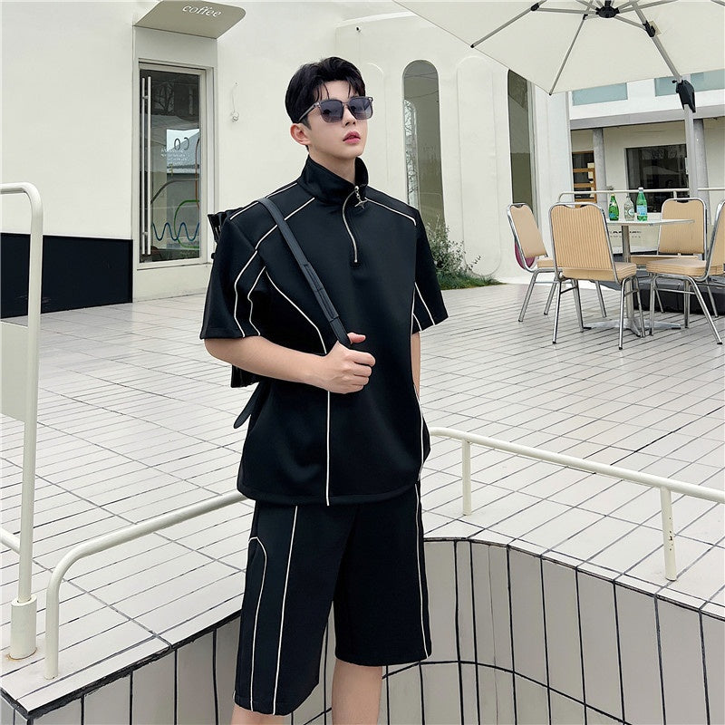 Loose half zipper niche shorts two-piece set