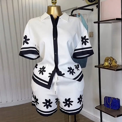 Collar color blocked printed shirt shorts set