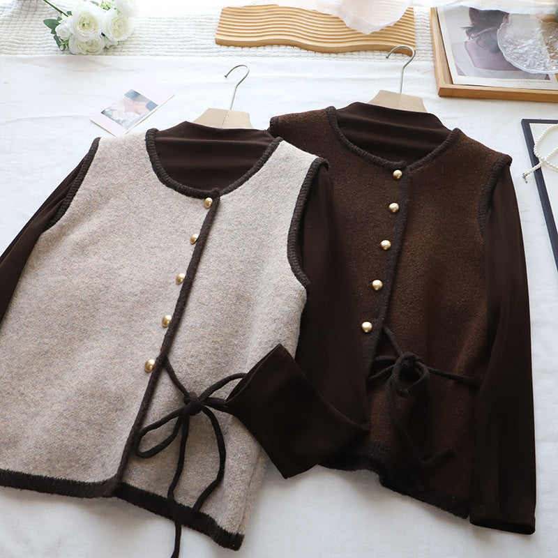 High Neck Inner Wear T-Shirt + Knitted Vest Set for Women