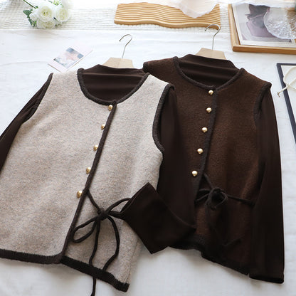 High Neck Inner Wear T-Shirt + Knitted Vest Set for Women