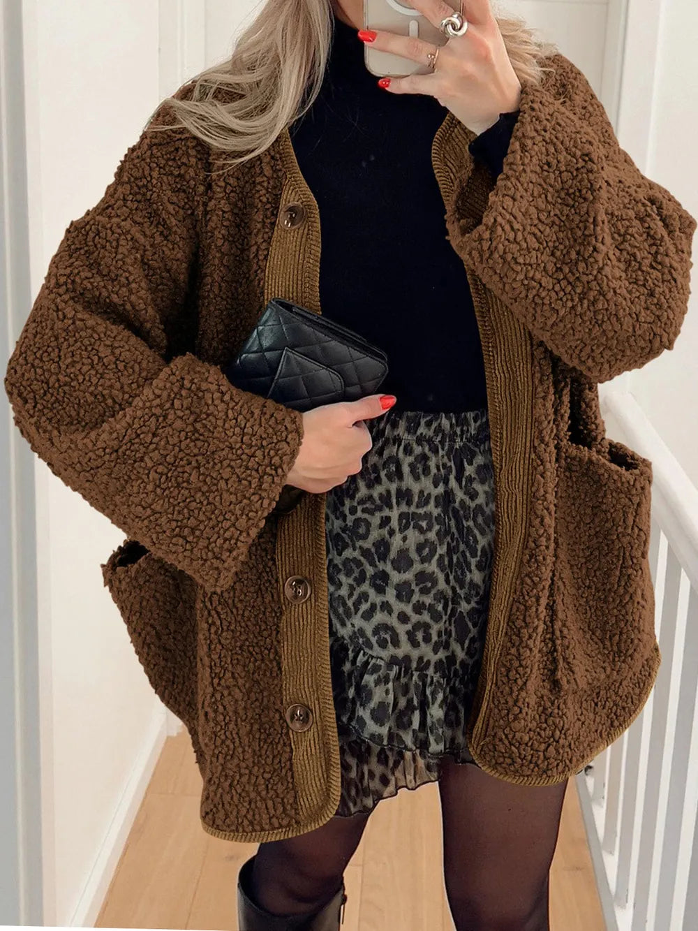 Winter coat long sleeved button down plush lambskin jacket jacket