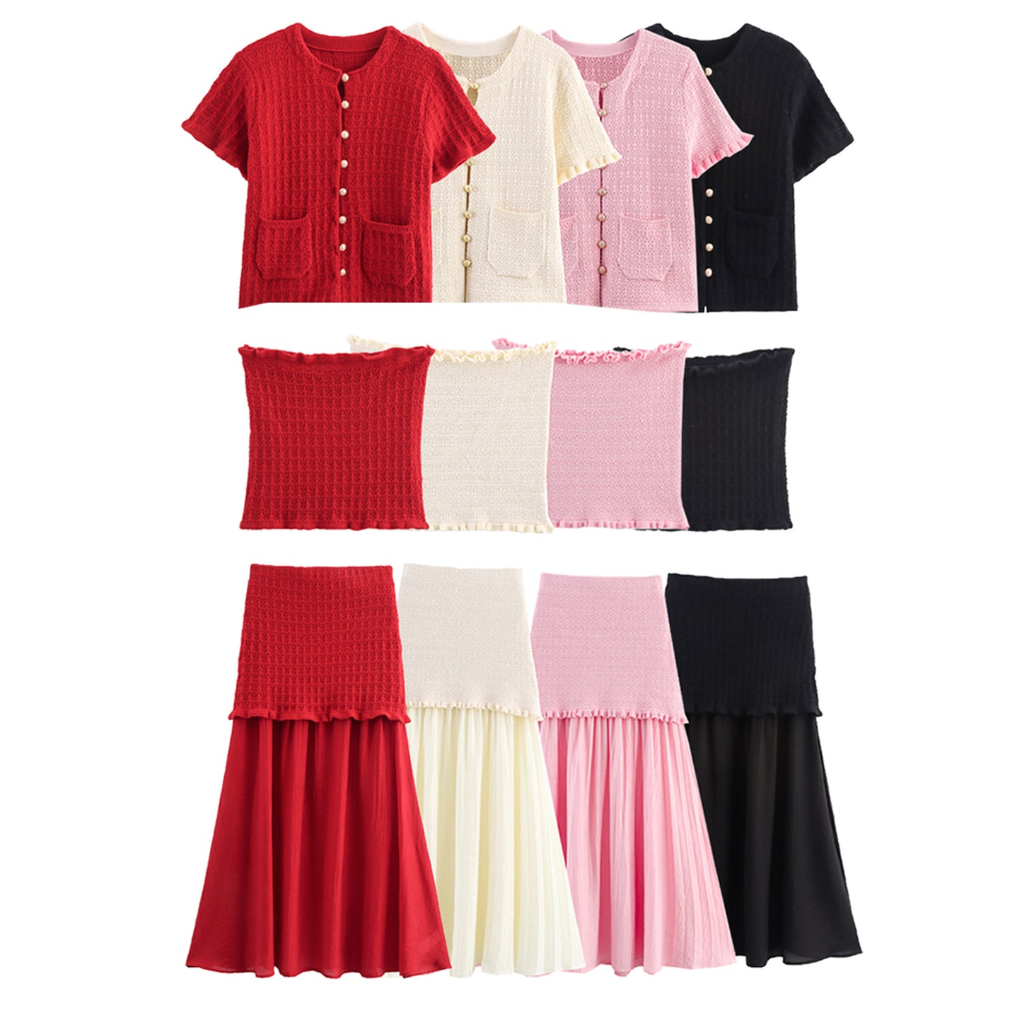 Women's Layered Decorative Knit Jacket + Camisole + Spliced Knit Set