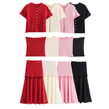 Women's Layered Decorative Knit Jacket + Camisole + Spliced Knit Set