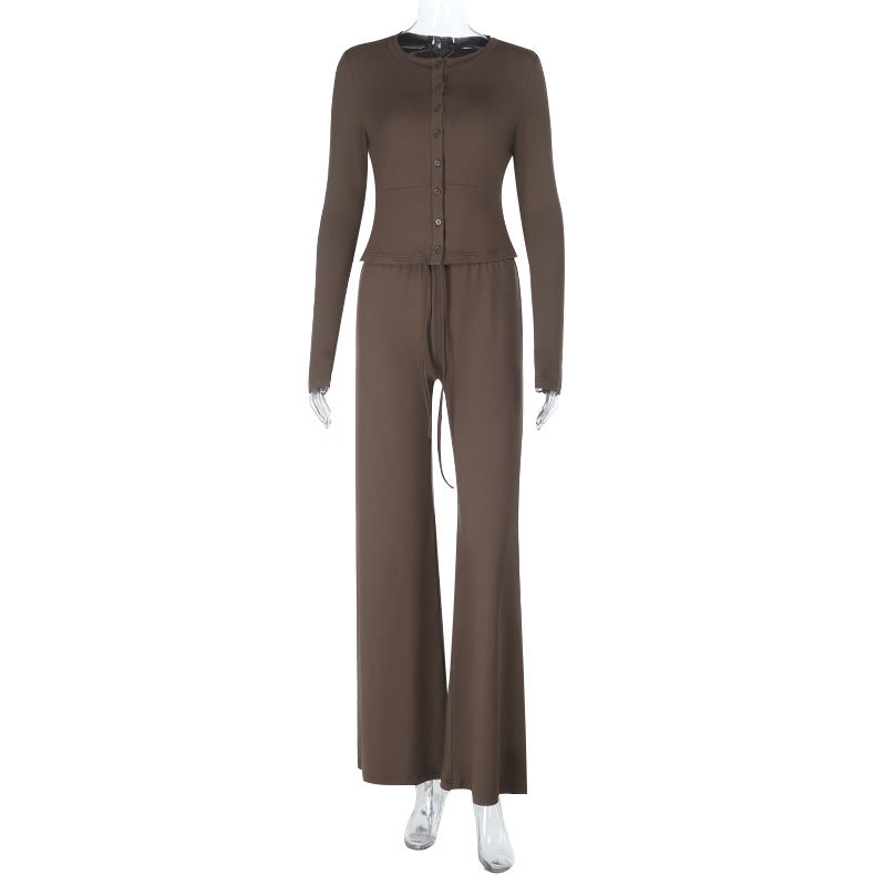 Waist knitted long sleeved top and loose pants set