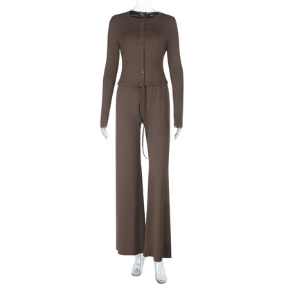 Waist knitted long sleeved top and loose pants set