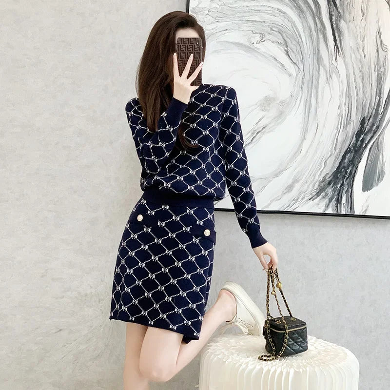 Jacquard sweater knitted two-piece set skirt