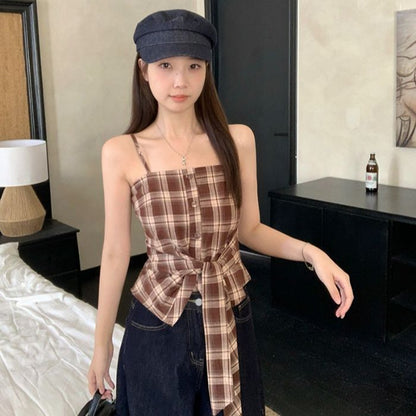 Cute and Sexy Plaid Sleeveless Cardigan Top Set for Plus-Size Women