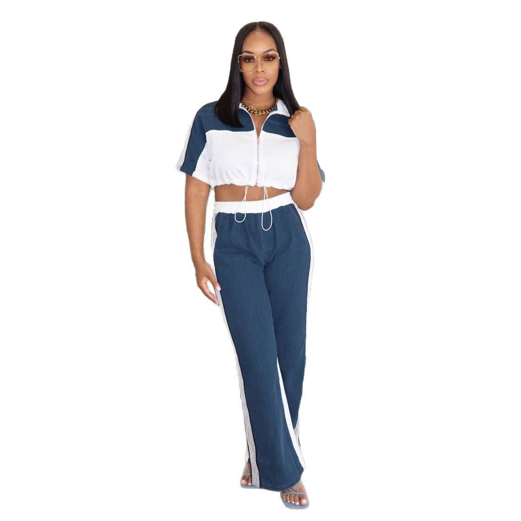 Denim Spliced Stand Collar Zipper Top with Wide-Leg Pants Set for Women