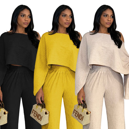 Casual Solid Color Top and Long Pants Two-Piece Set for Women