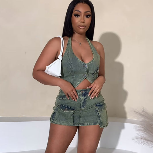 Women's Denim Outfit Set Fashion Vest Top with Multiple Pockets Bodycon Skirt