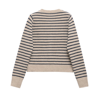Striped long sleeved buttoned knit sweater jacket