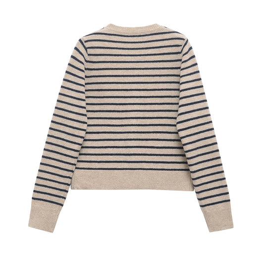 Striped long sleeved buttoned knit sweater jacket