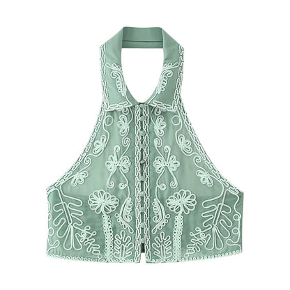 Embroidered neck top+short skirt set for women