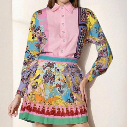 Women's Set Printed Long Sleeve Shirt with Pleated Skirt Set