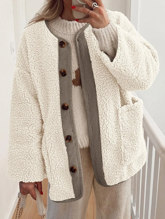 Winter coat long sleeved button down plush lambskin jacket jacket