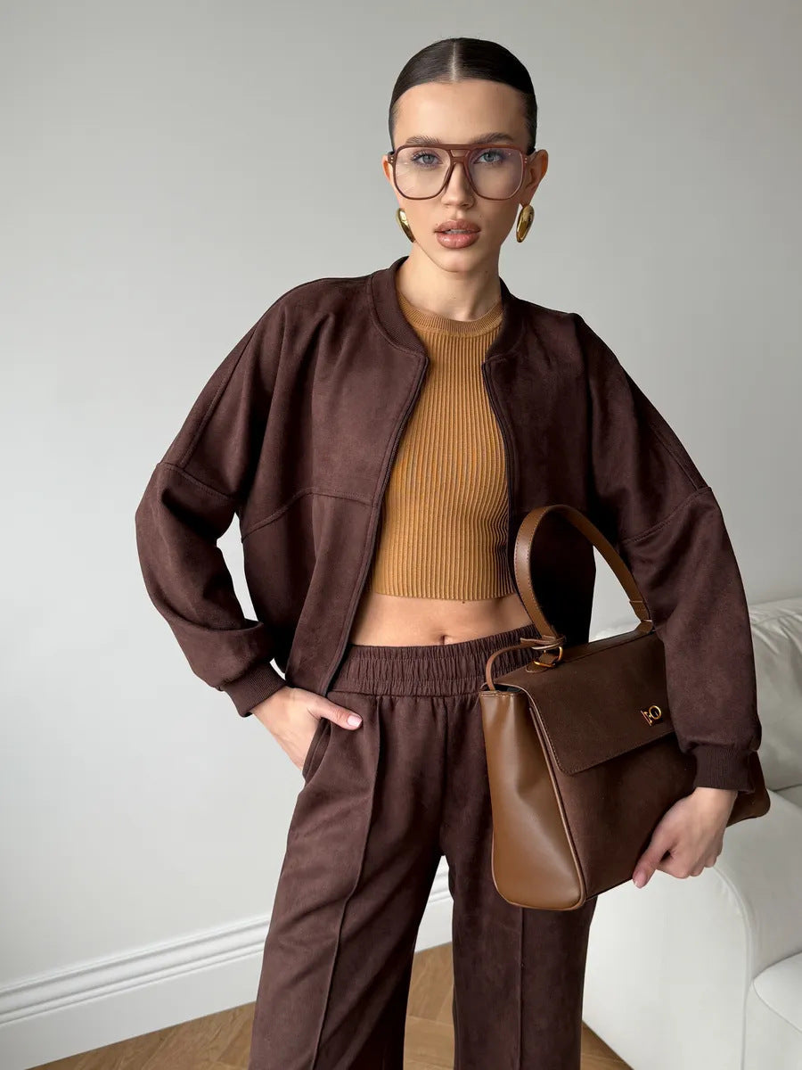 Solid color zipper hoodie elastic straight leg pants set