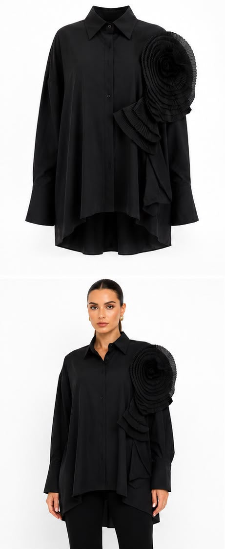 Black oversized shirt worn by a model from multiple angles on a white background