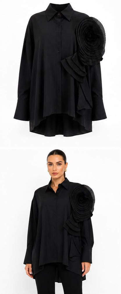 Black oversized shirt worn by a model from multiple angles on a white background