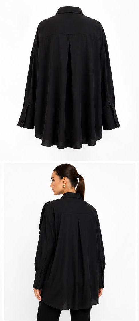 Black oversized shirt worn by a model from multiple angles on a white background