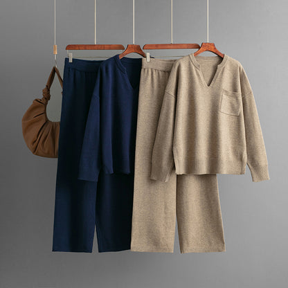 V-neck loose solid color split sweater two-piece set
