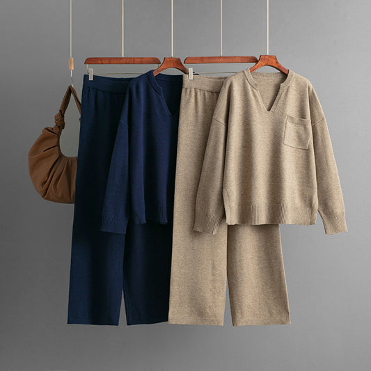 V-neck loose solid color split sweater two-piece set