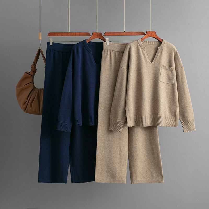 V-neck loose solid color split sweater two-piece set