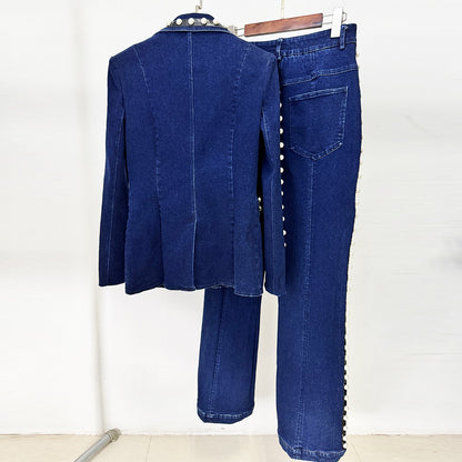 Fashionable Embroidered Washed Denim Jacket and Pants Two-Piece Set