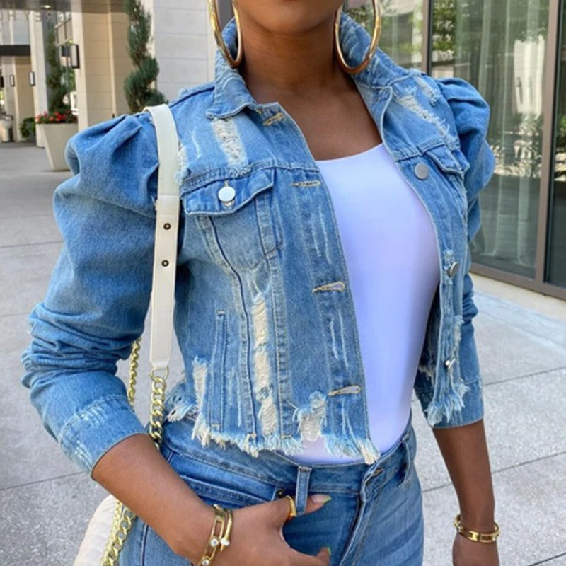 Short distressed denim jacket for women with bubble sleeves denim jacket