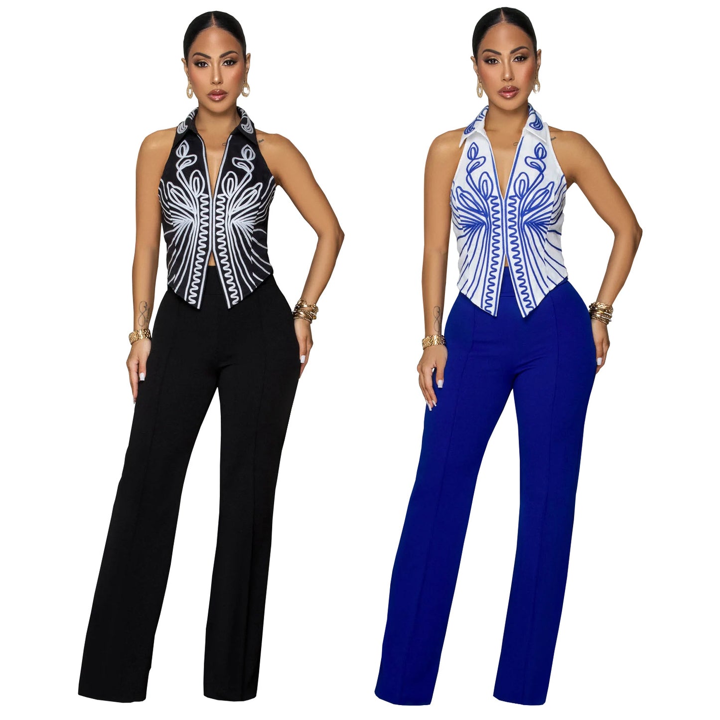 Elegant Printed Top and Long Pants Two-Piece Set for Women