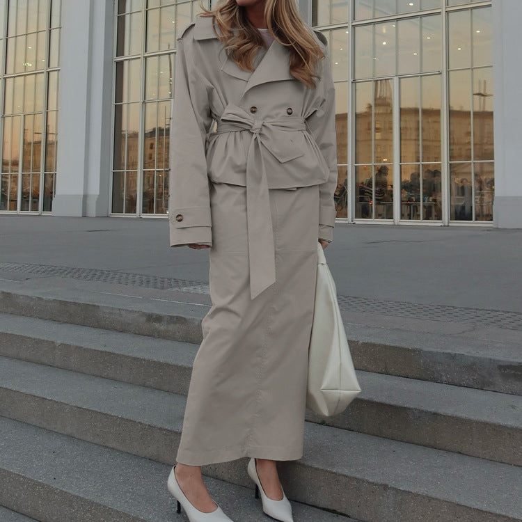 Flip collar long sleeved windbreaker jacket two-piece set