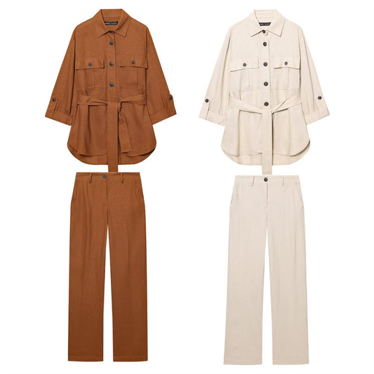 Spring New  Fashion Linen Blend Safari Shirt and Long Pants Set