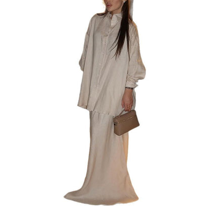Collar loose long sleeved shirt high waisted skirt set