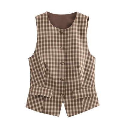 Two piece set of plaid vest and skirt